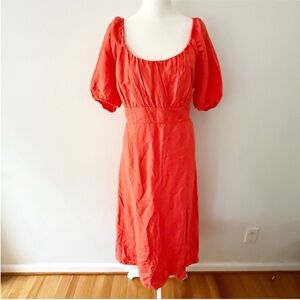 NWT Loft Women Linen Puff Sleeve Midi Dress 12P Milkmaid Boho Beachy Cottage